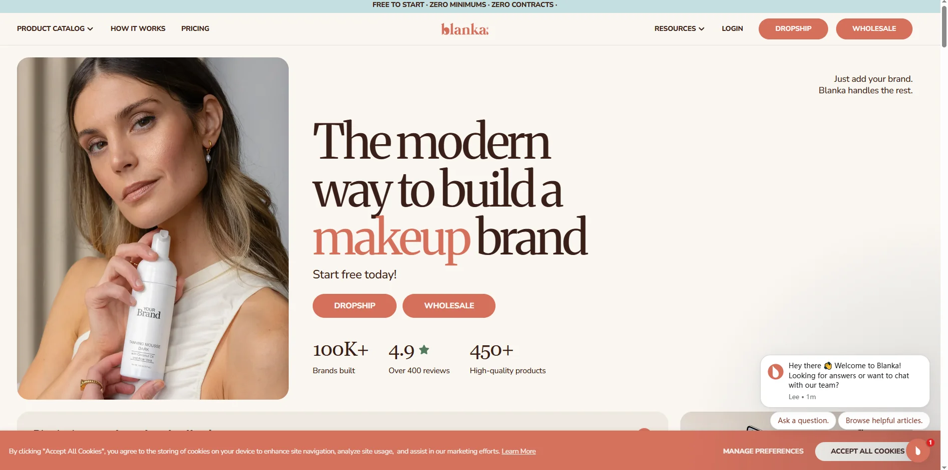 Advertisement highlighting a modern method for building a makeup brand, featuring product offerings for dropshipping and wholesale.